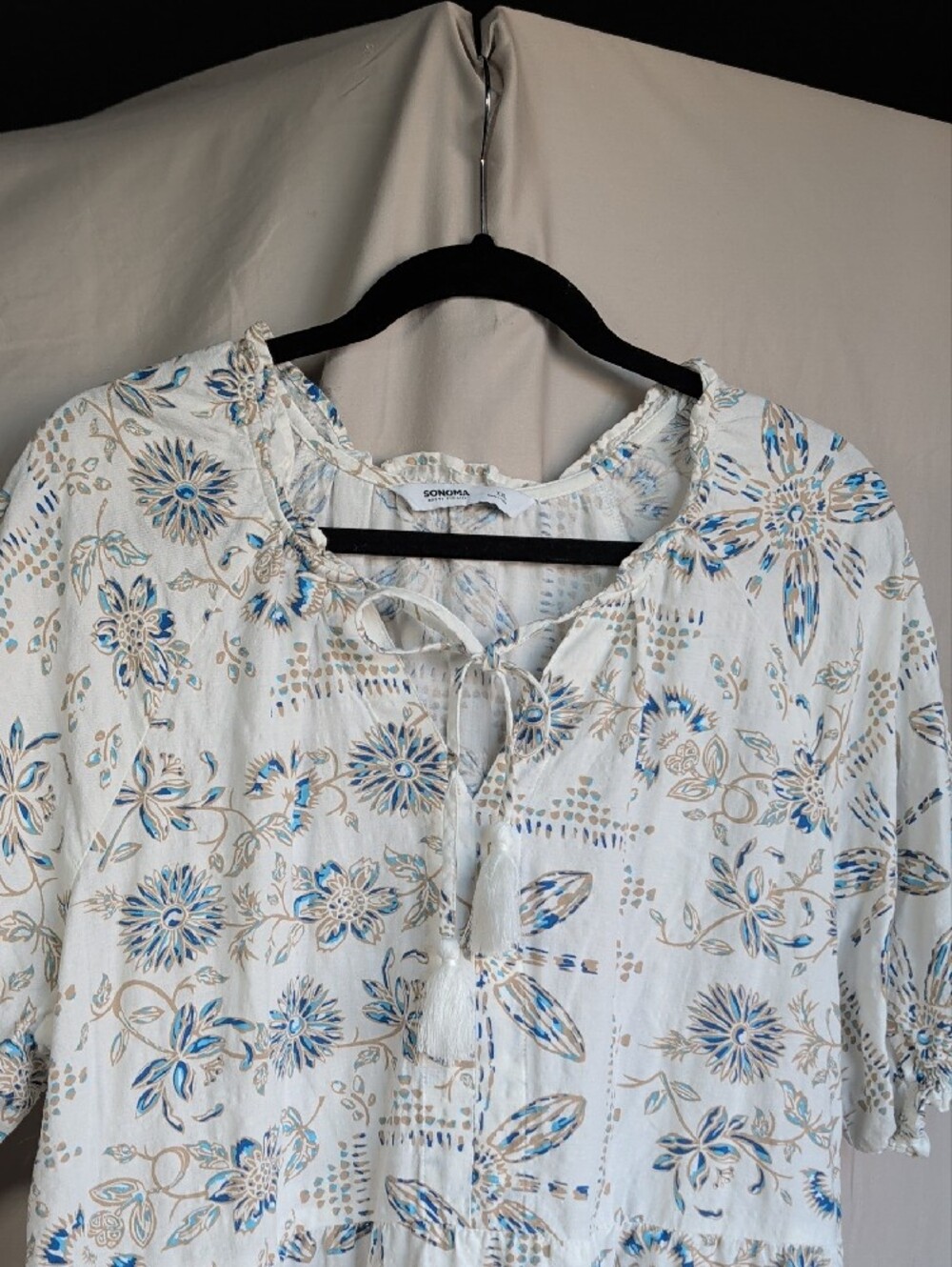 Sonoma White Midi Dress with Light Blue and Tan Floral Print Boho Resort Coastal - Picture 3 of 8